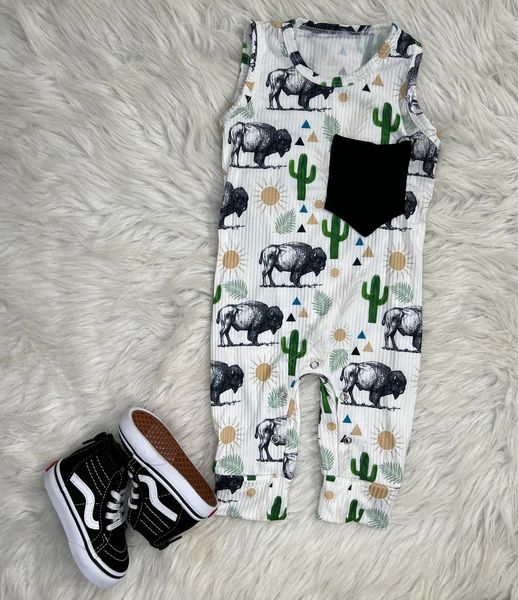 RTS 0713 cow cactus pocket sleeveless romper