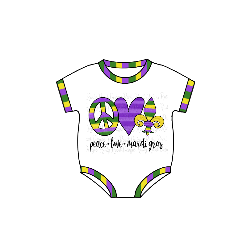 1029 short sleeve PEACE LOVE Mardi Gras boy bubble romper preorder SR0123