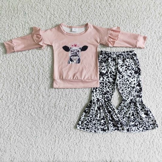 RTS 0628 pink long sleeve top cow floral white black leopard bell pants girl outfit