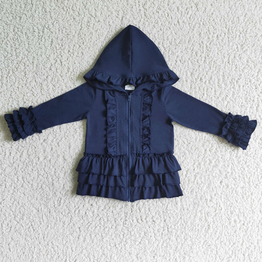 GT0013 Blue Ruffle print zipper design hoodie loose kids coat  RTS