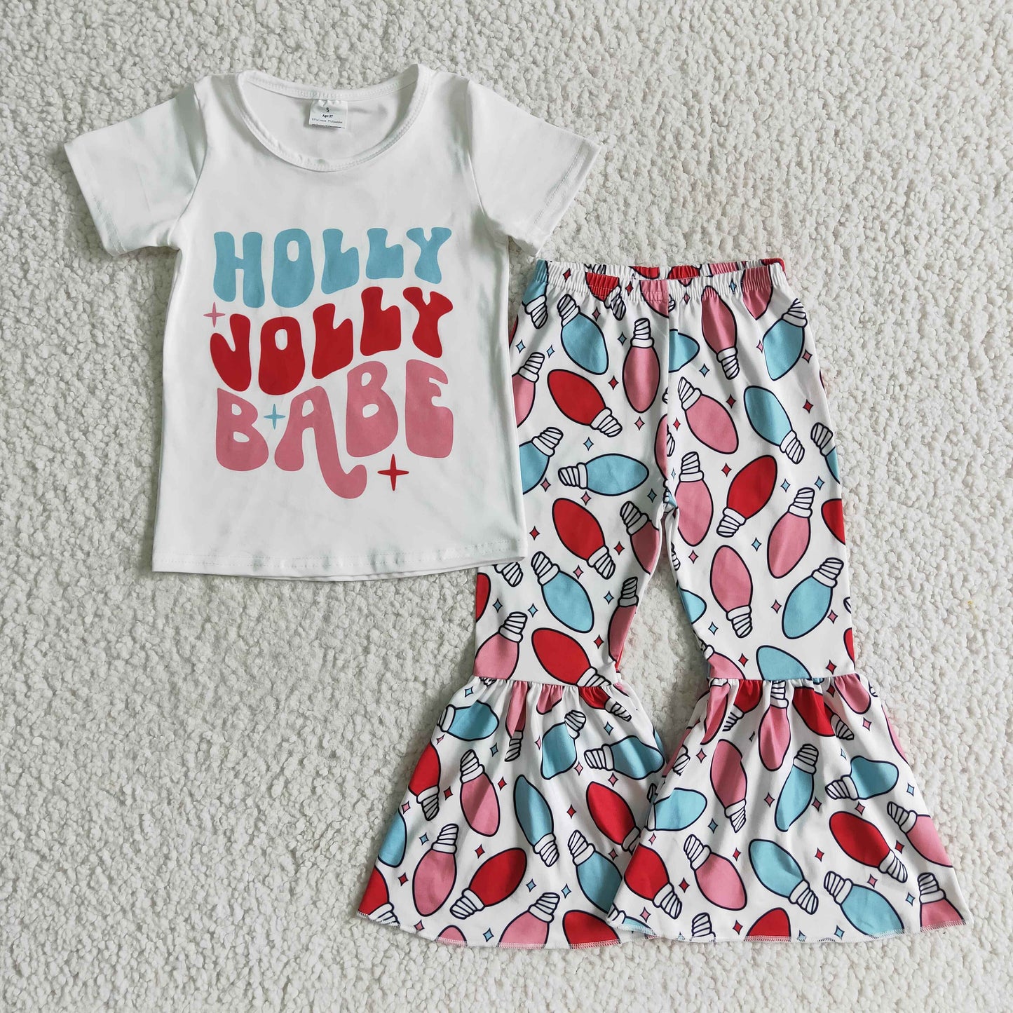 holly babe letters white short sleeve bell bottom pant girl outfit 0915 RTS