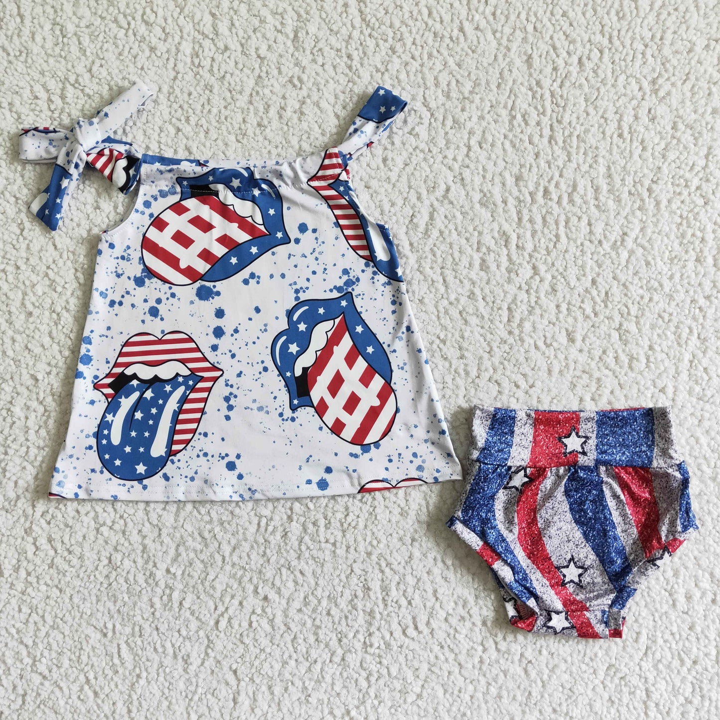 promotion price GBO0042 RTS white blue red tongue 4th July America print pajamas shorts boy girl outfit 2023 0429
