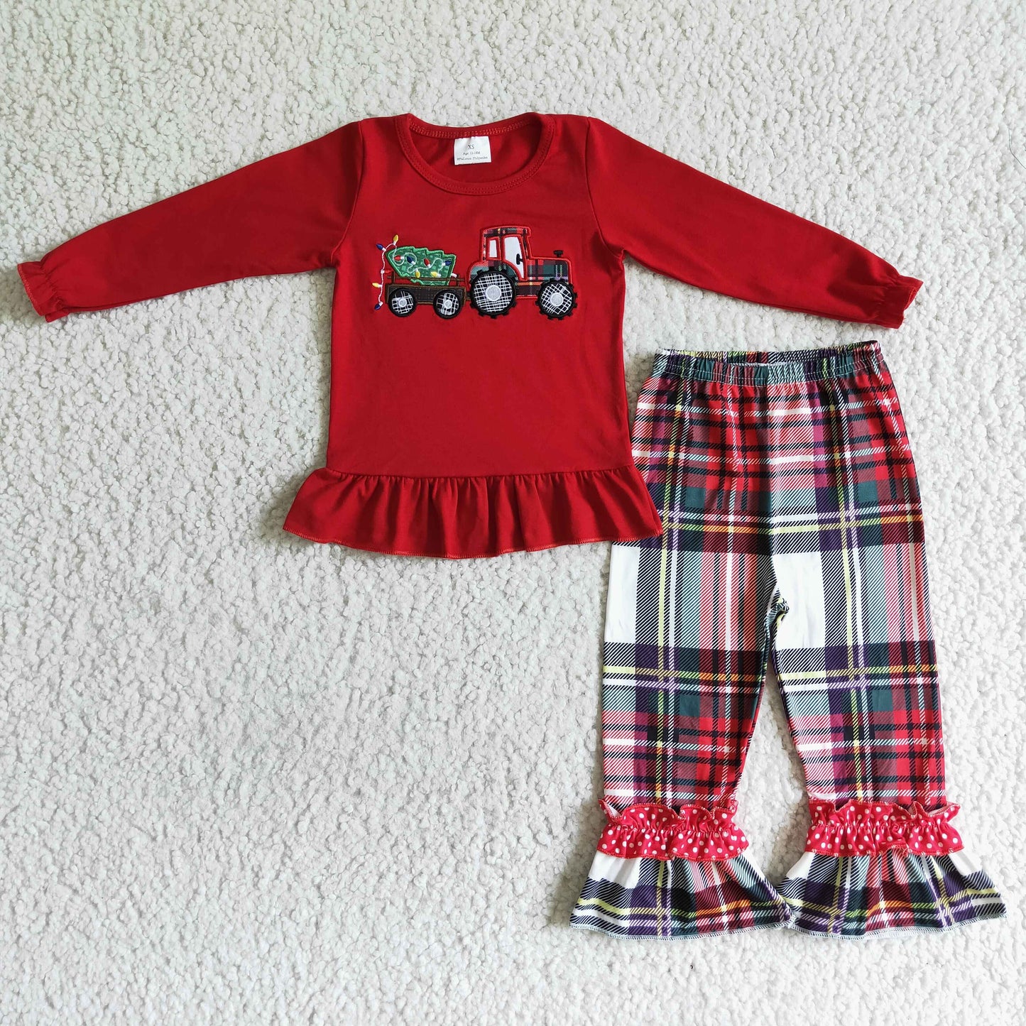 RTS embroidery red tractor long sleeve red plaid pants girl outfit clothes Christmas 0805