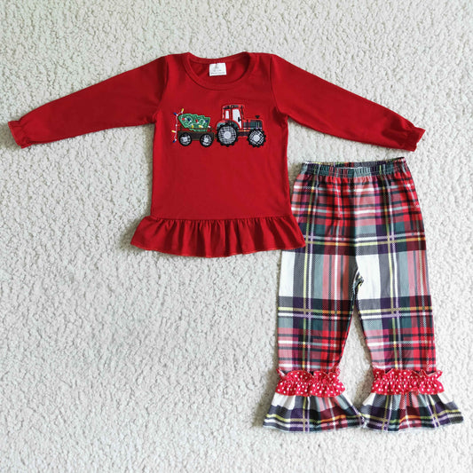 RTS embroidery red tractor long sleeve red plaid pants girl outfit clothes Christmas 0805