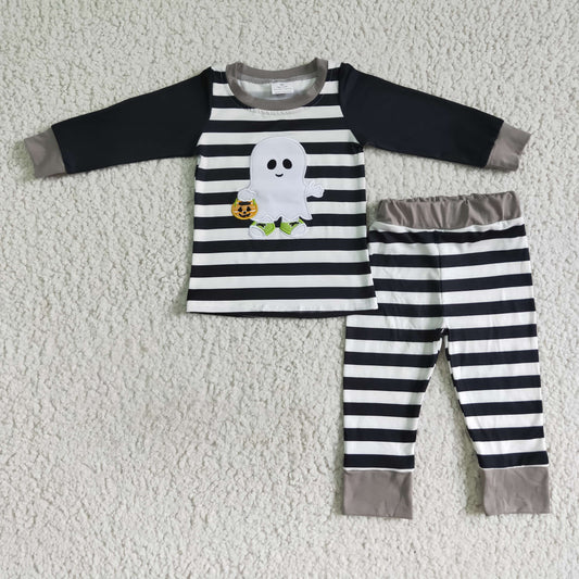 EMBROIDERY white black stripe halloween embroidered white head pumpkin long sleeve pants boy pajamas outfit 0806 RTS