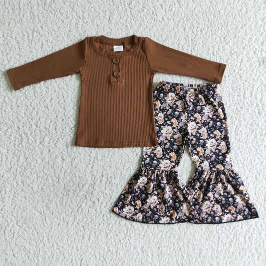 RTS fall long sleeve Brown top floral flower bell bottom pants girl outfit 0727
