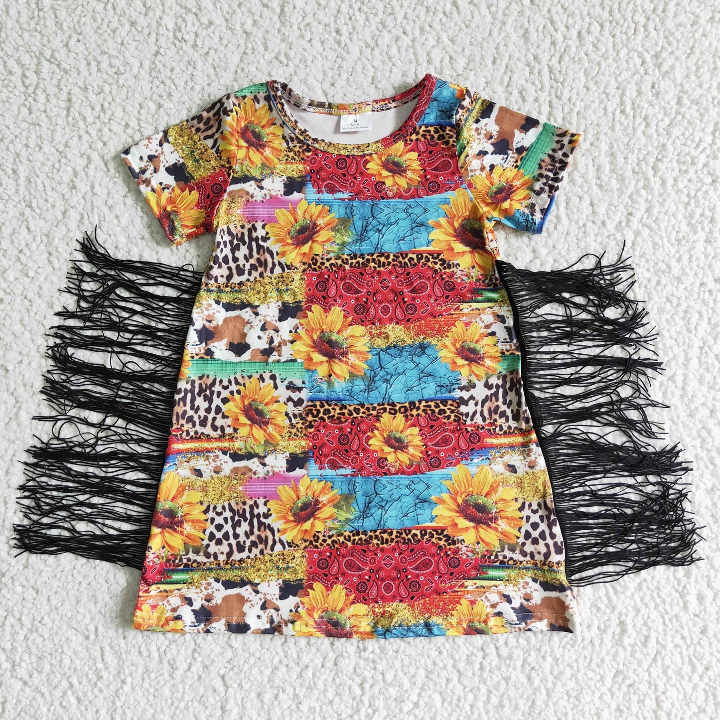GSD0057 RTS sunflower cow leopard tassel dress short sleeve summer girl dress real pic 0531