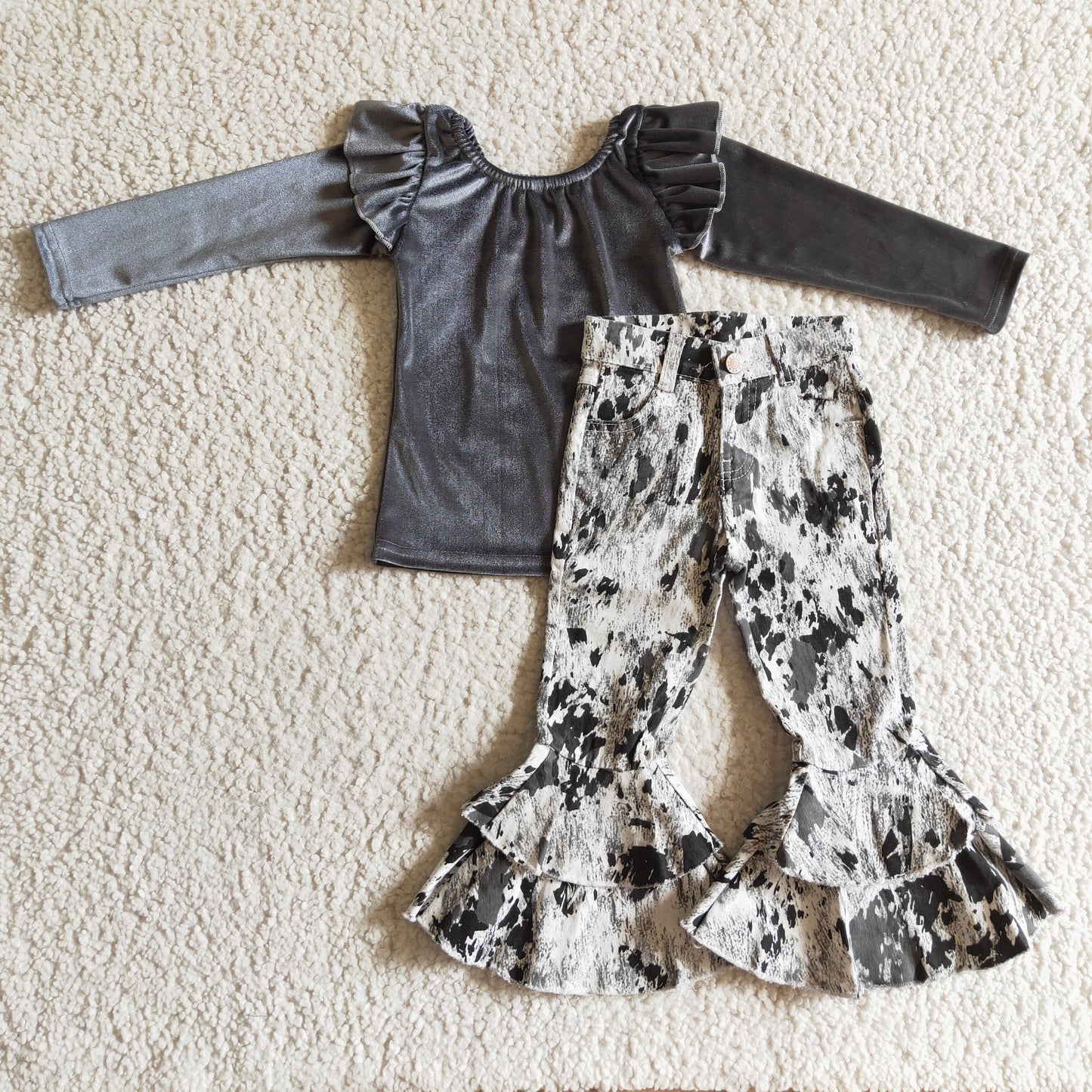 GT0063 velvet grey jeans long sleeve girl outfit 1029 RTS