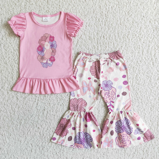 0711 RTS pink cartoon pig short sleeve purple bird flower bell bottom pants girl outfit