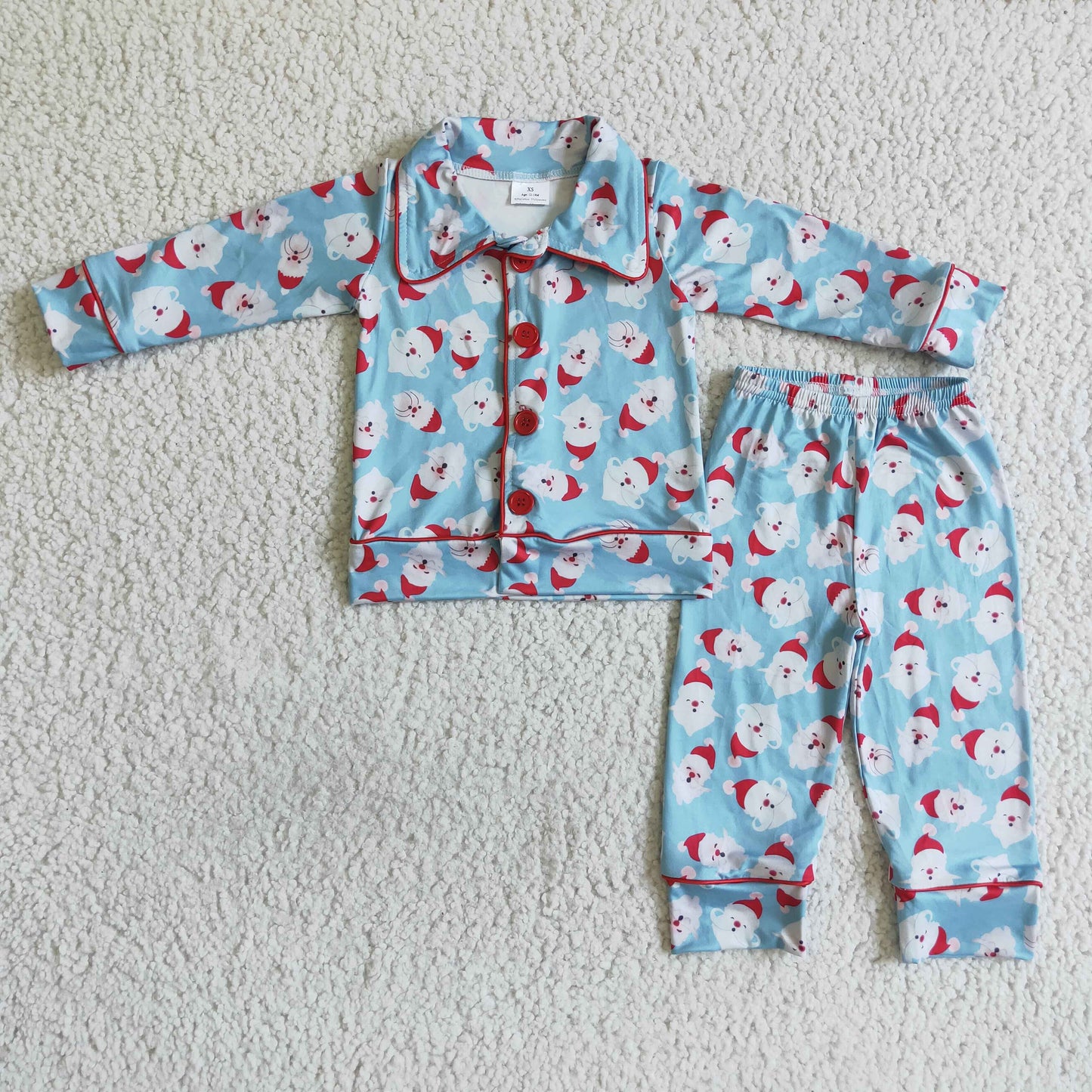 6 A22-17 Christmas boy santa button blue collar long sleeve pajamas girl boy outfit RTS