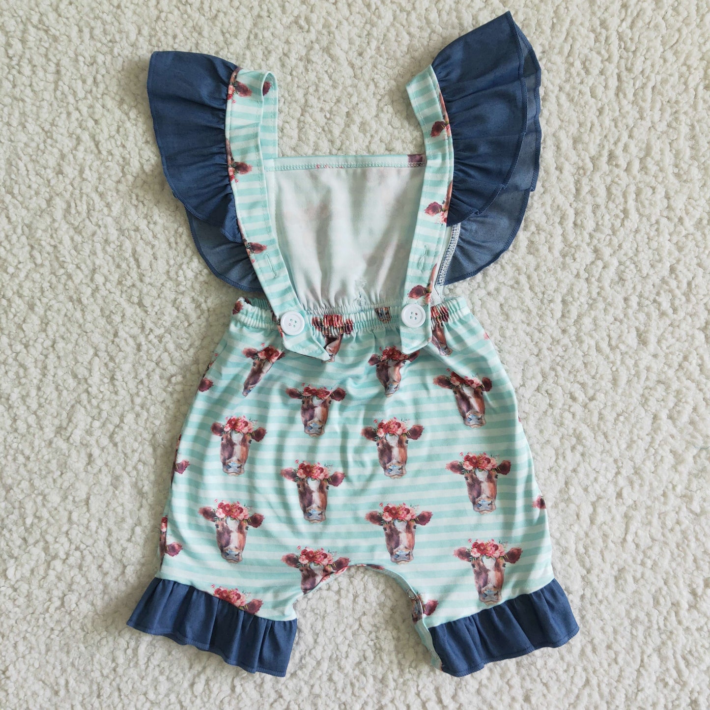 cow blue ruffles overall silk ribbon belt romper bow