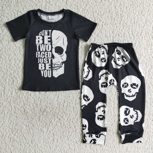 0719 RTS white black halloween skull short sleeve boy outfit
