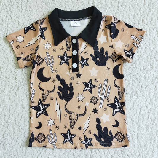 BT0019 RTS brown moon star cow print boy short sleeve collar shirt top 0623
