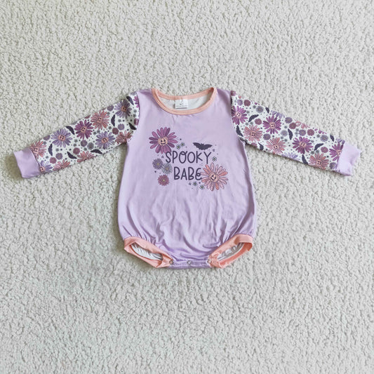 RTS 0812 purple flower spooky babe long sleeve snap baby boy girl romper 0930