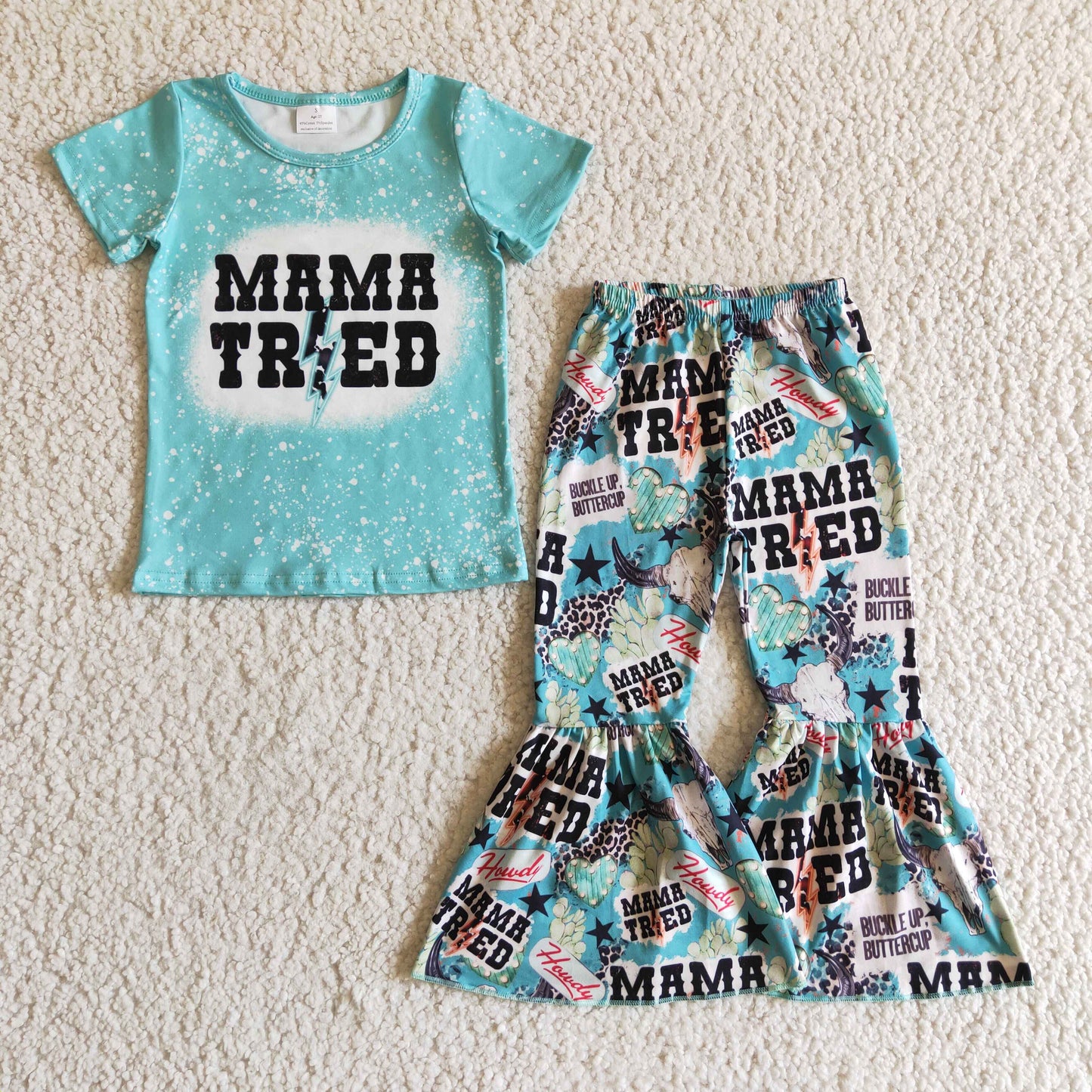 promotion GSPO0211 cow print mama tried blue girl short sleeve top pant outfit RTS 202407