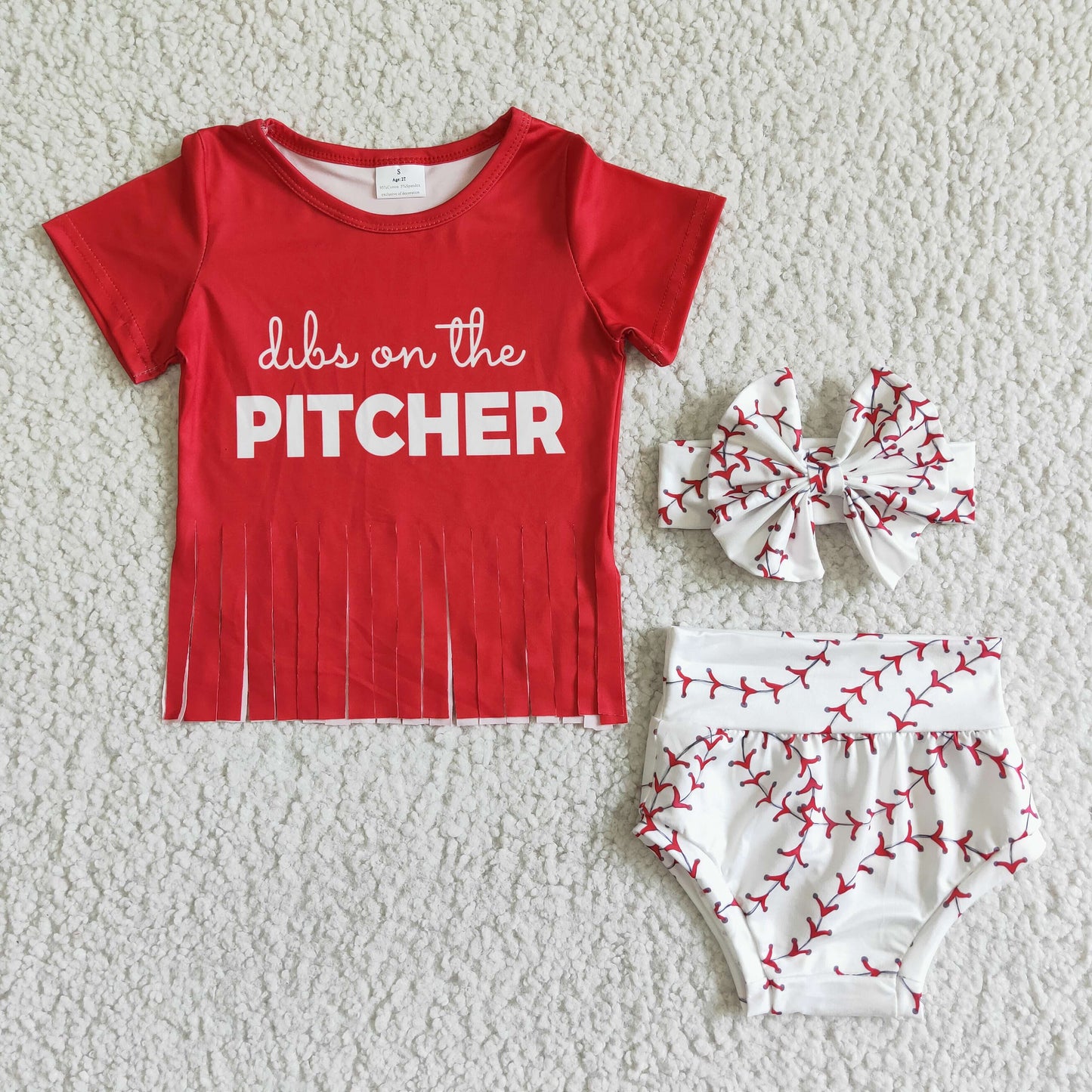 promotion RTS GBO0002( choose headband below ) 3pcs pitcher letters tassels girl red white short sleeve bummie set outfits 0505