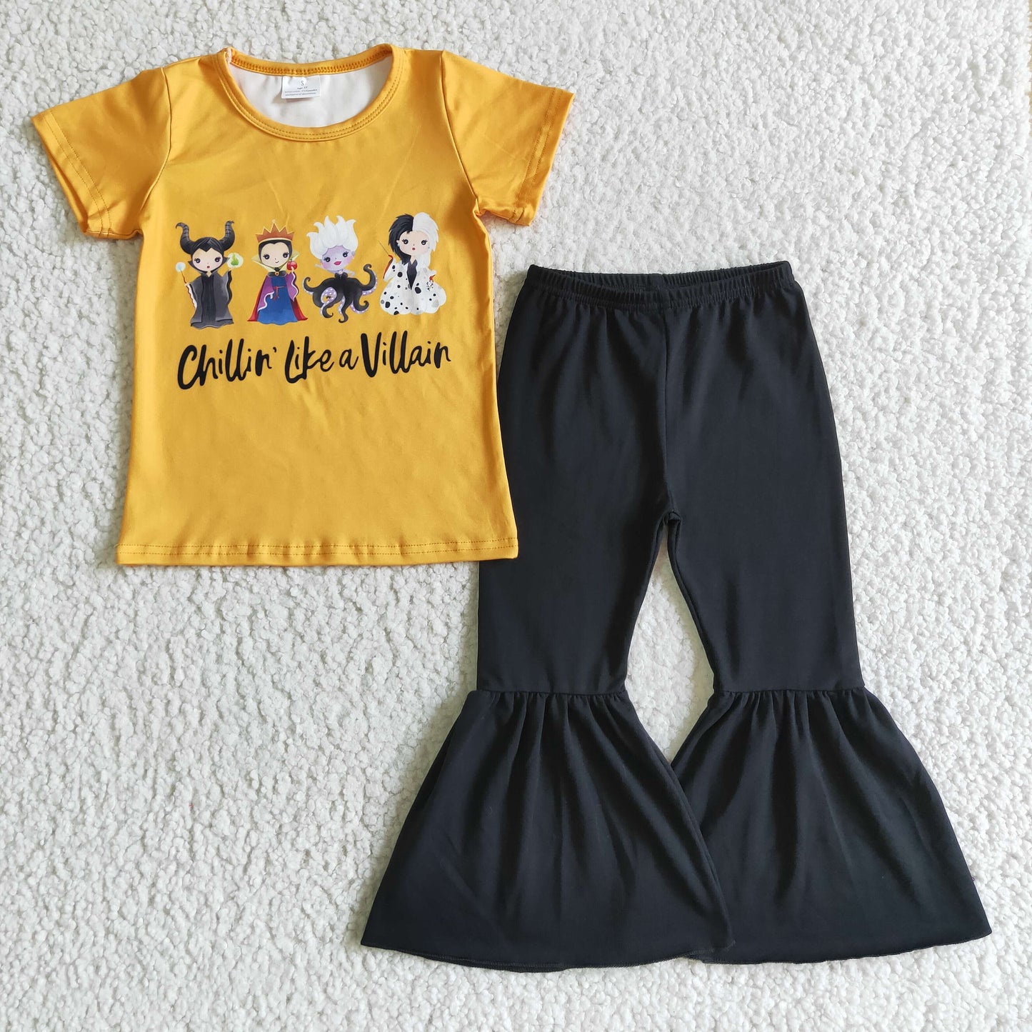 promotion A1-15 cartoon chillin letters yellow short sleeve bell bottom pants outfit 202408