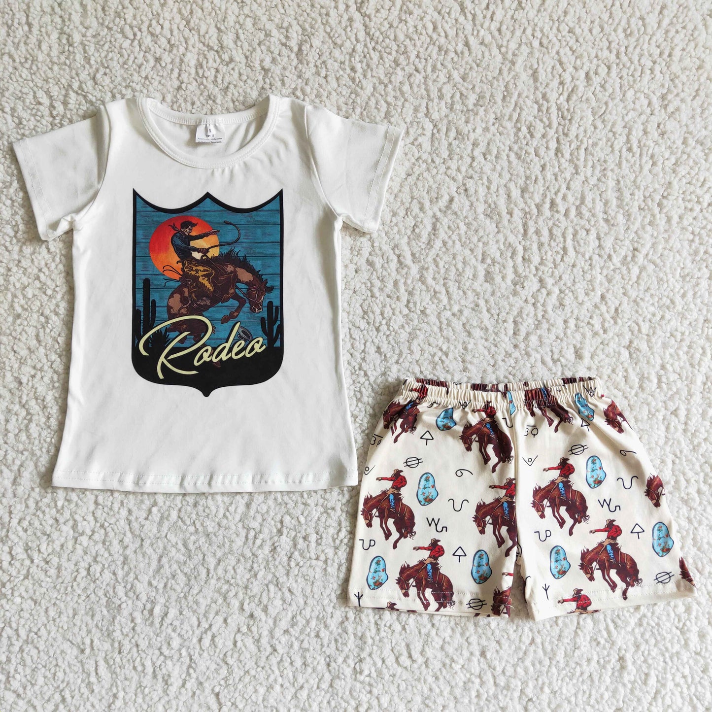 Promotion BSSO0002 rodeo horse western print short sleeve shorts boy outfits 20230228 RTS