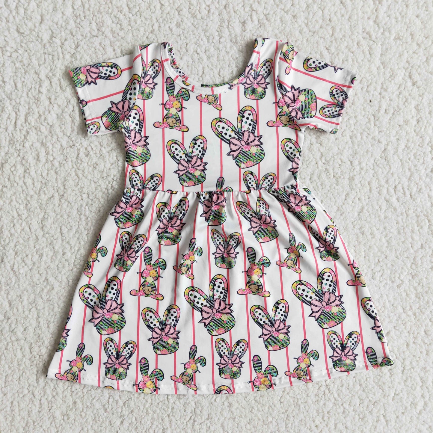 Promotion pink stripe bow rabbit short sleeve dress