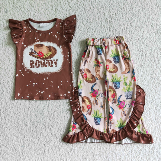 GSPO0097 RTS 0629 brown ruffle short sleeve howdy flower cow boots hat ruffle pants girl outfit