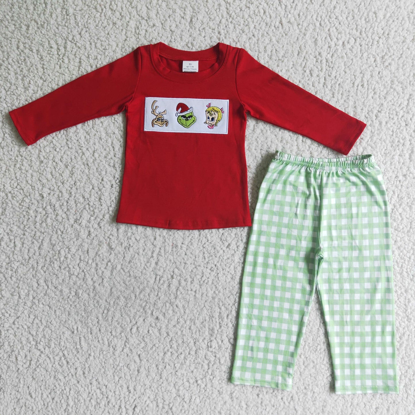 BLP0006 RTS Christmas red cartoon print long sleeve green plaid pants boy outfit Pajamas 20230628 RTS