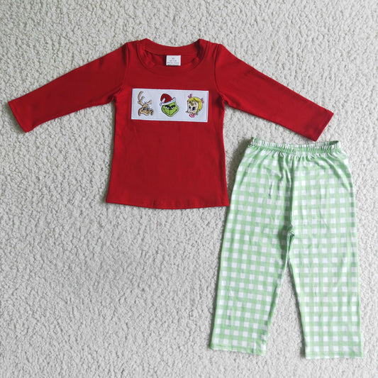 BLP0006 RTS Christmas red cartoon print long sleeve green plaid pants boy outfit Pajamas 20230628 RTS