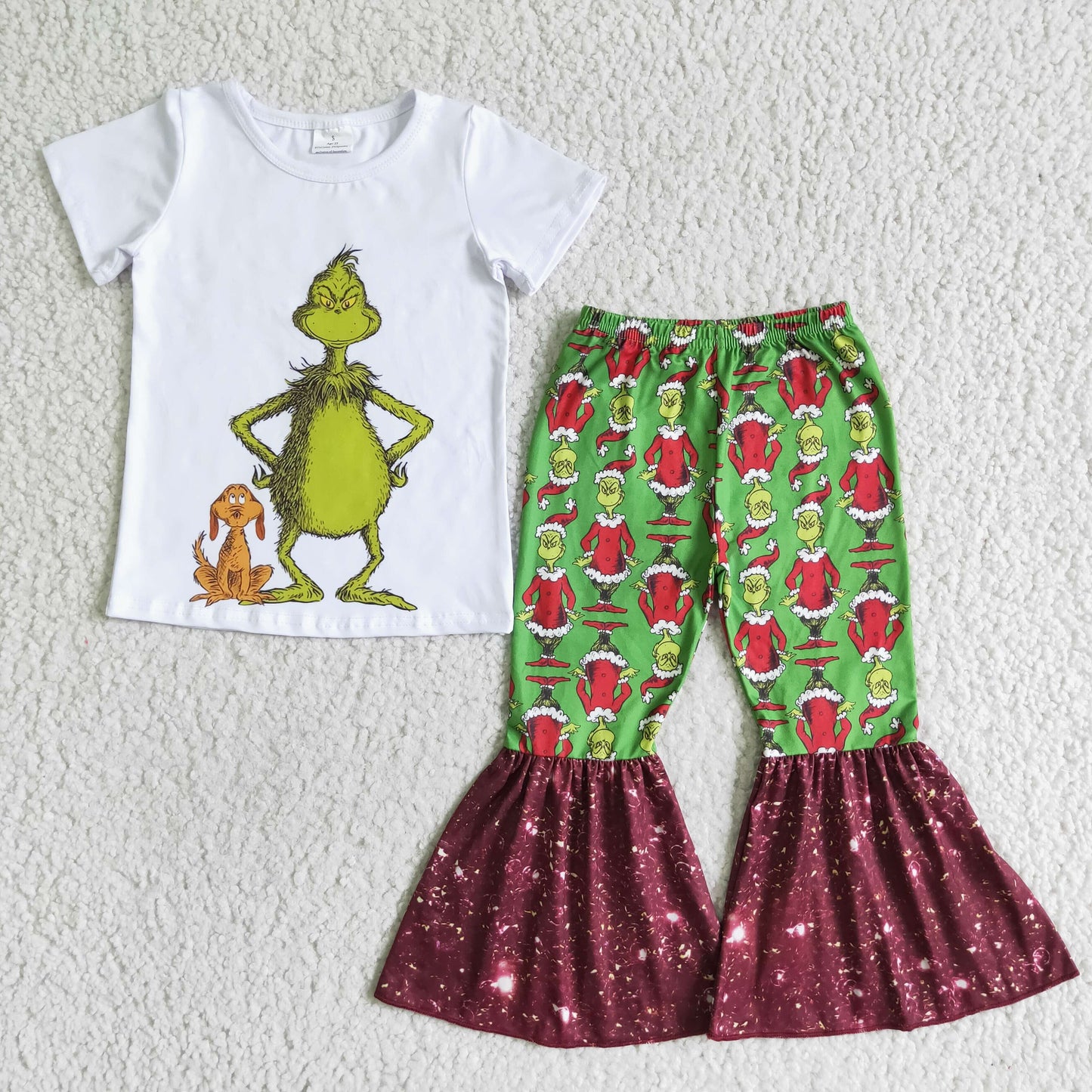 christmas dog green cartoon white short sleeve bell bottom pant outfit 0712 RTS