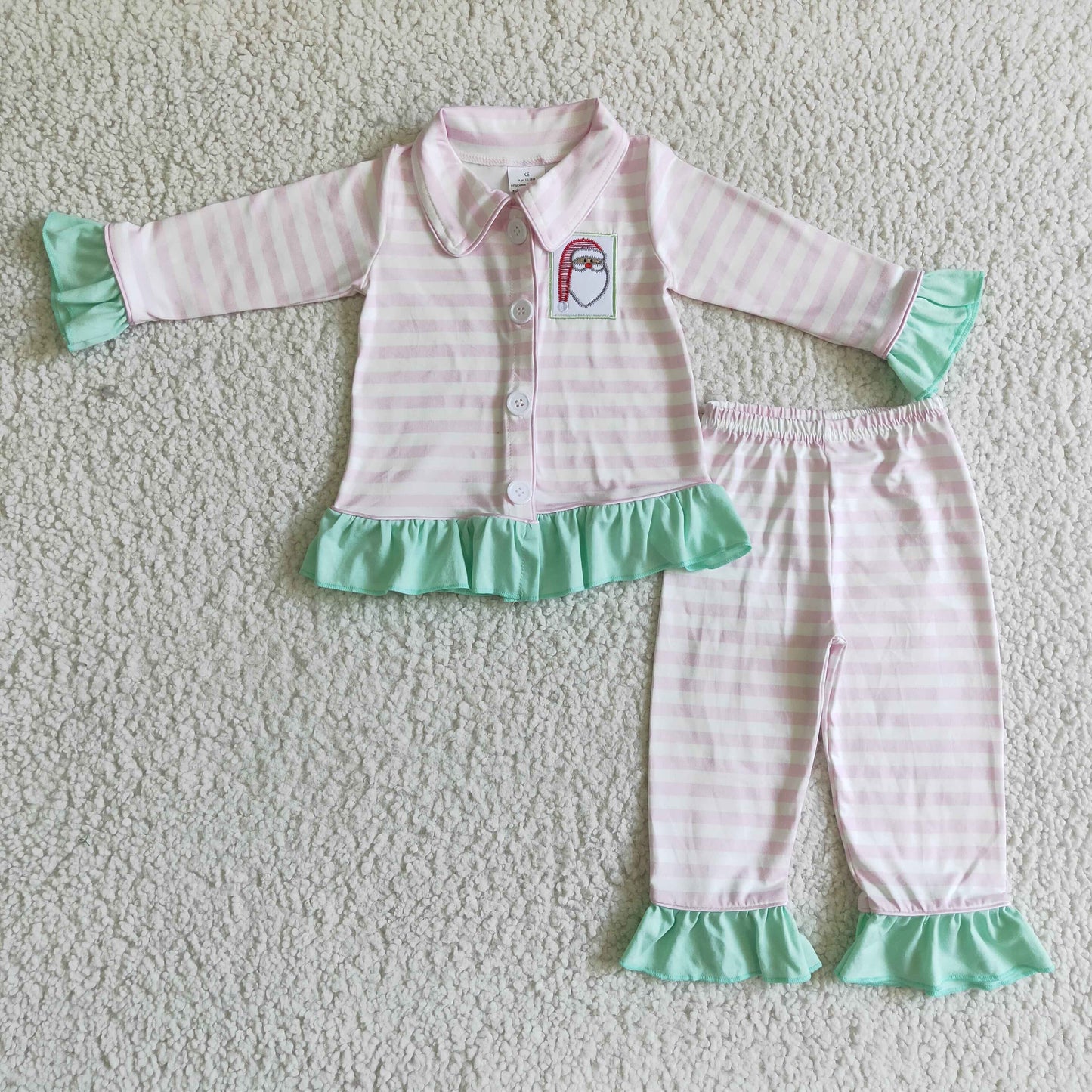 embroidery GLP0134 Christmas Santa pink stripe long sleeve girl pajamas outfit 1011 RTS
