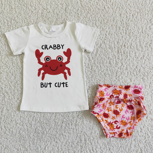 Crabby but cute crab summer girl clothes set white short sleeve bommies set Kids clothes 0506 RTS