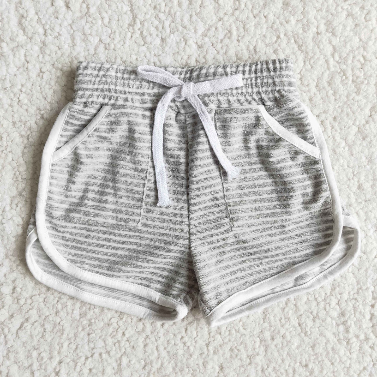 gray white stripe pocket girls towel fabric sports shorts 0124