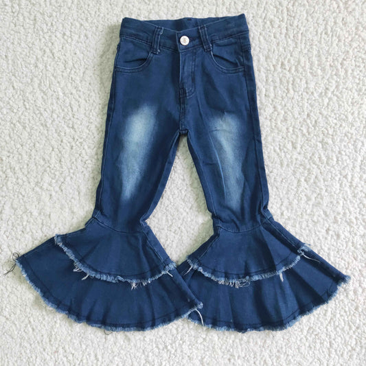 P0003 RTS blue bleach double ruffles button jeans denim pants 0622