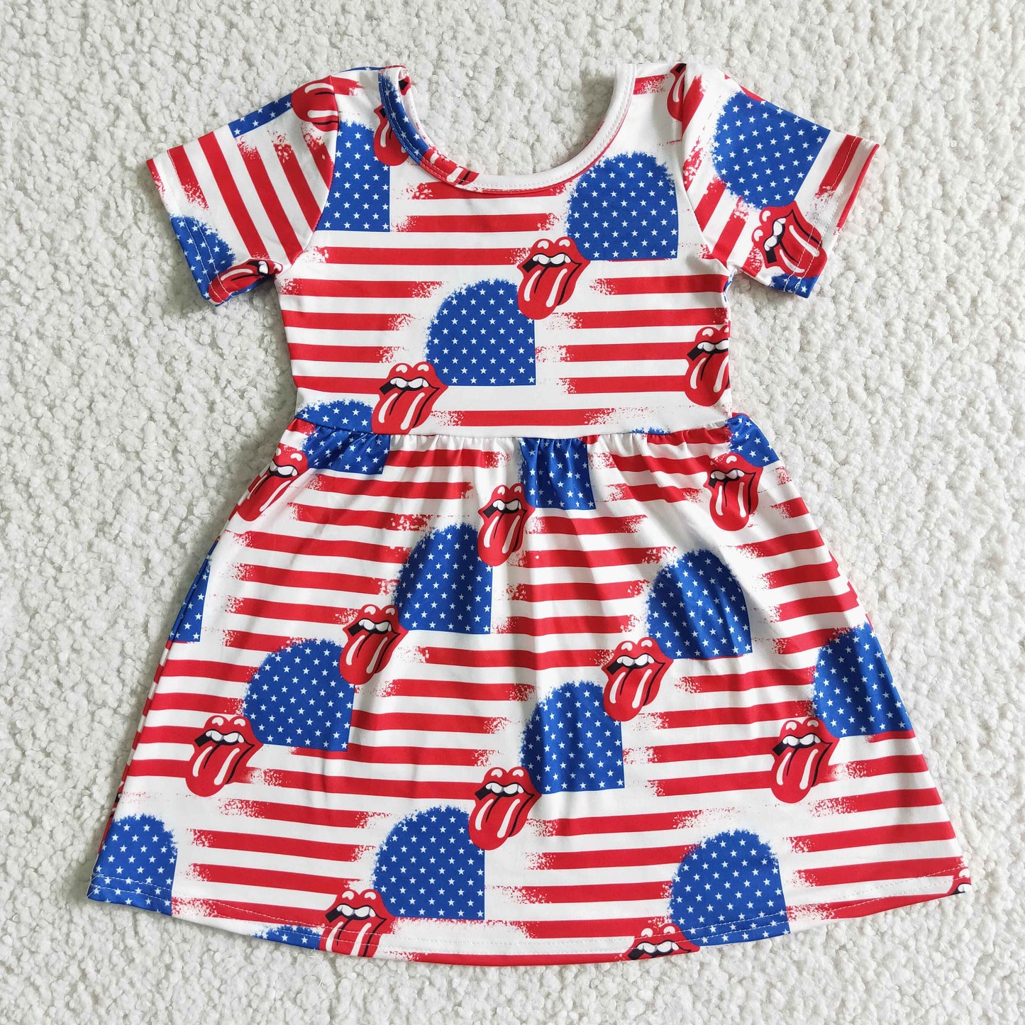 GSD0082 RTS tongue blue red 4th July American National pink stripe short sleeve summer girl dress  05070429