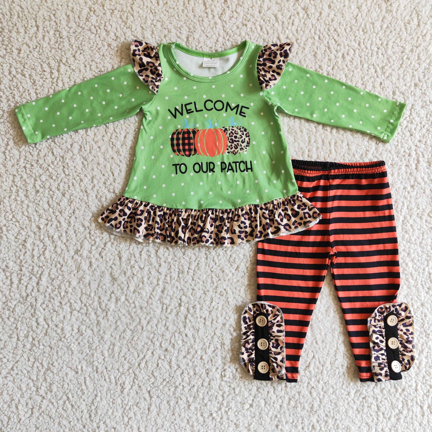 Halloween pumpkin leopard ruffle welcome to our patch long sleeve stripe pants girl outfit clothes 1012 RTS