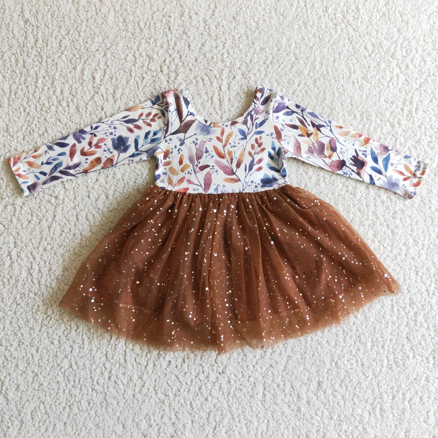 GLD0100 RTS 0926 dress long sleeve white brown gauze leaves