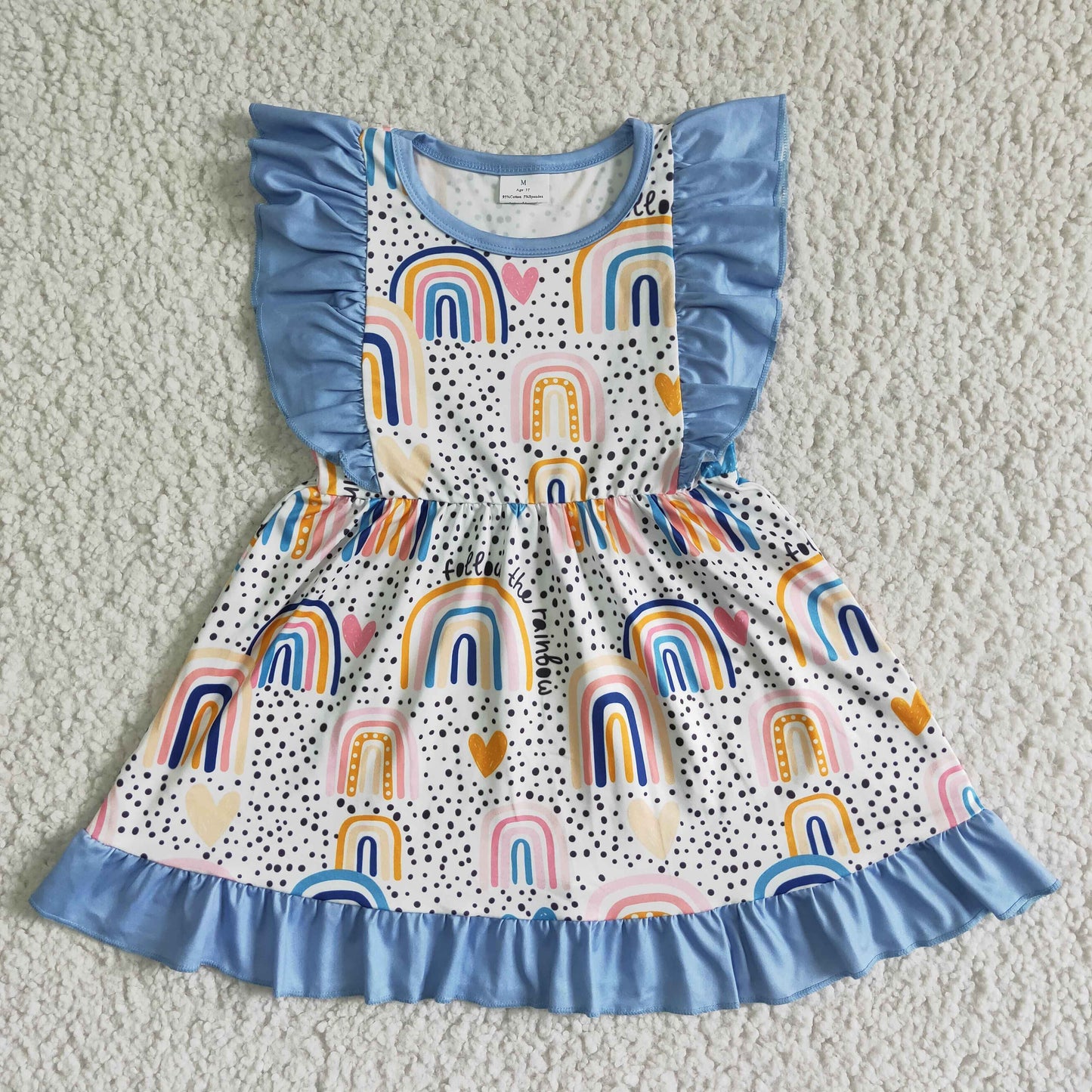 promotion rainbow blue white ruffles dot girl heart short sleeve girls dress 0430