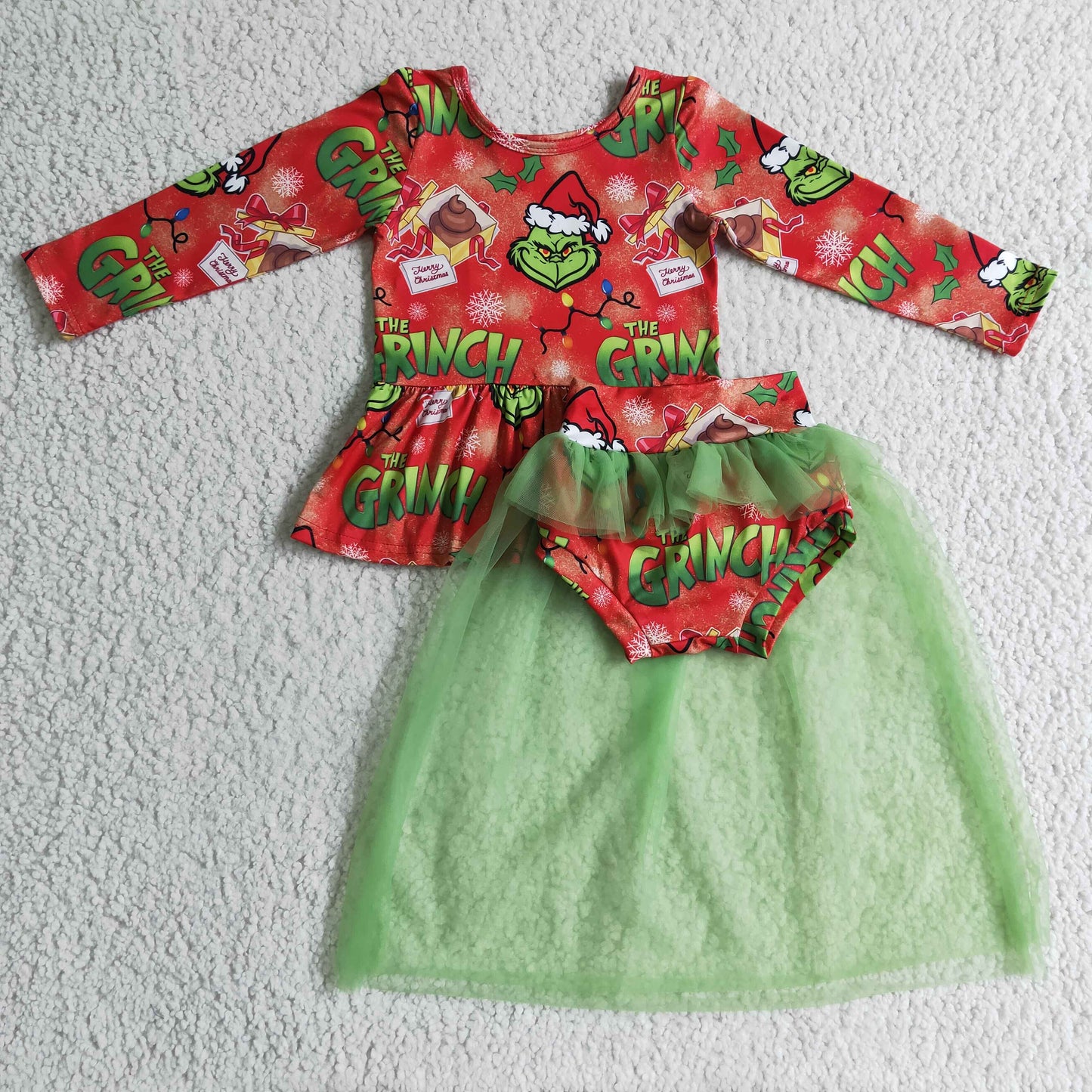 202408 RTS promotion GLD0091 Christmas cartoon green grin long sleeve Tulle gauze girl bummie outfit RTS