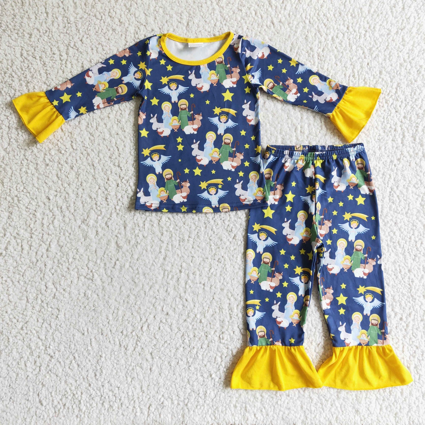 GLP0290 navy yellow jesus long sleeve girl pajamas outfit 1031 RTS