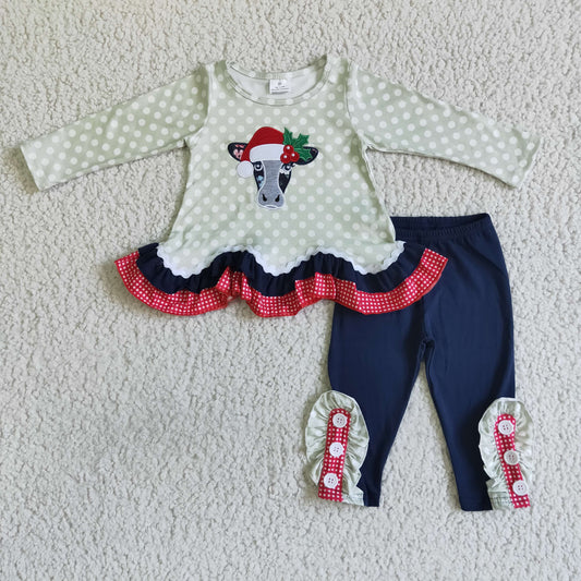 RTS Christmas green dots cow print long sleeve pink black pants girl outfit 0723