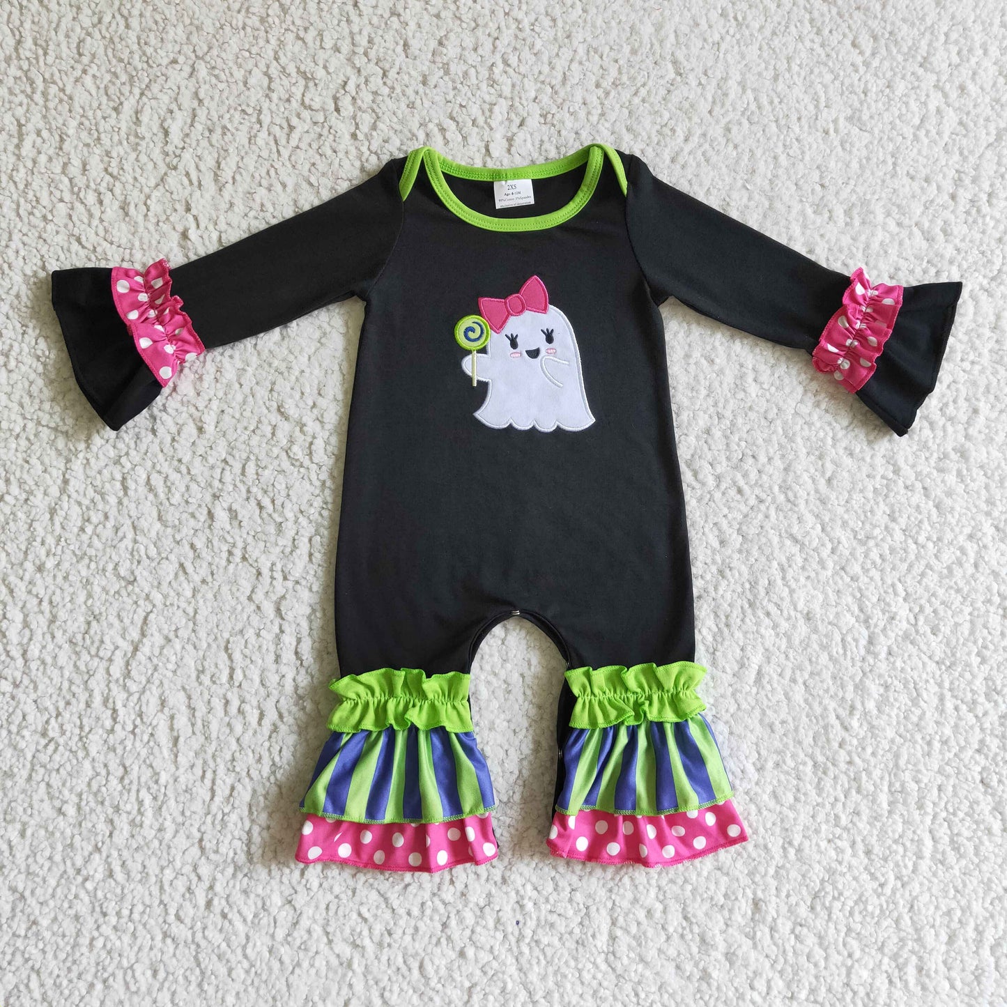 RTS boo halloween long black sleeve stripe girl pajamas ROMPER 0927