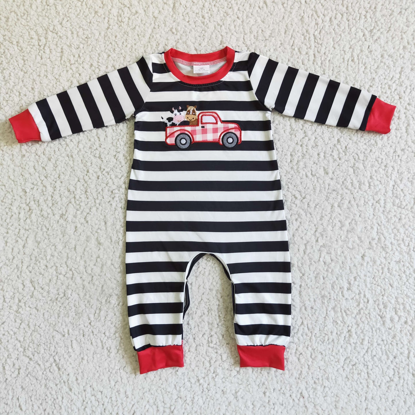 Embroidery black white stripe car truck long sleeve boy romper RTS 0808