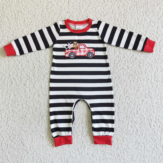 Promotion RTS LR0016 Embroidery black white stripe car truck long sleeve boy  romper RTS 0808