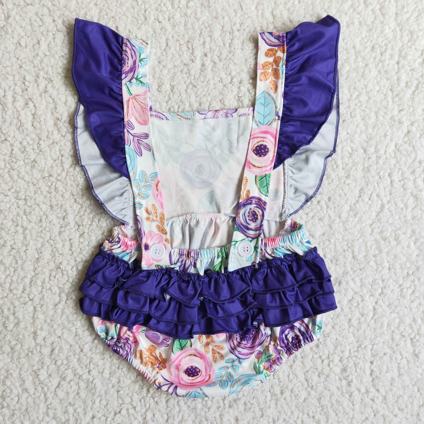 promotion RTS B3-27 purple floral flutter ruffles short sleeve romper RTS