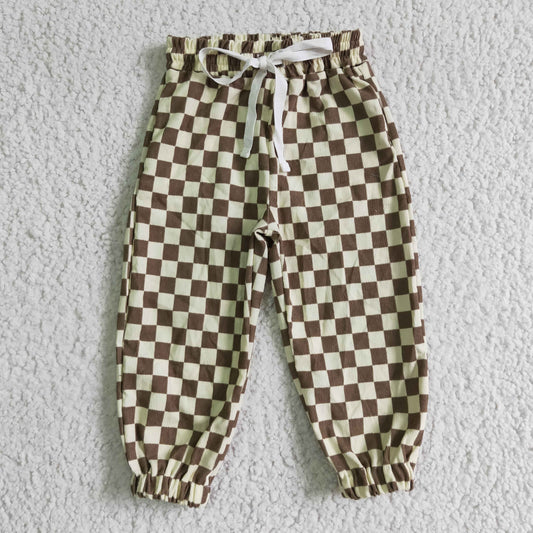 P0021 brown plaid checkerboard cotton long boy jogger pants 20230228 RTS