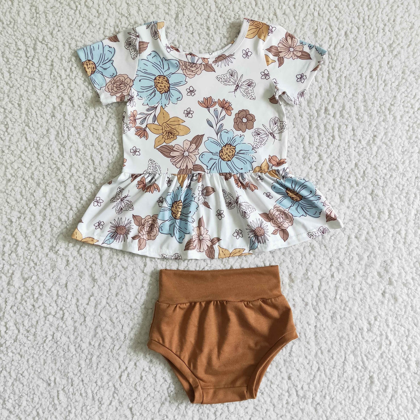 promotion RTS GBO0032 white butterfly blue flowers ruffle girl short sleeve brown bummie set outfits 0503