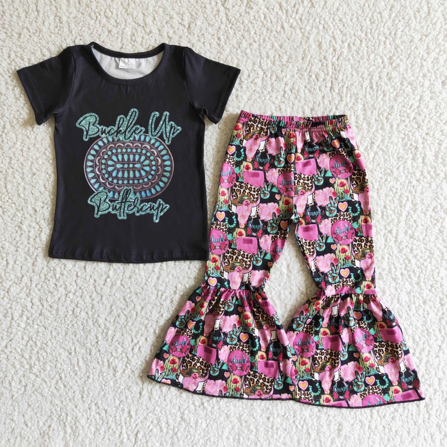 Buffalo green print black top green gem short sleeve cow cactus pink bell bottom 2pcs girl outfits 0404
