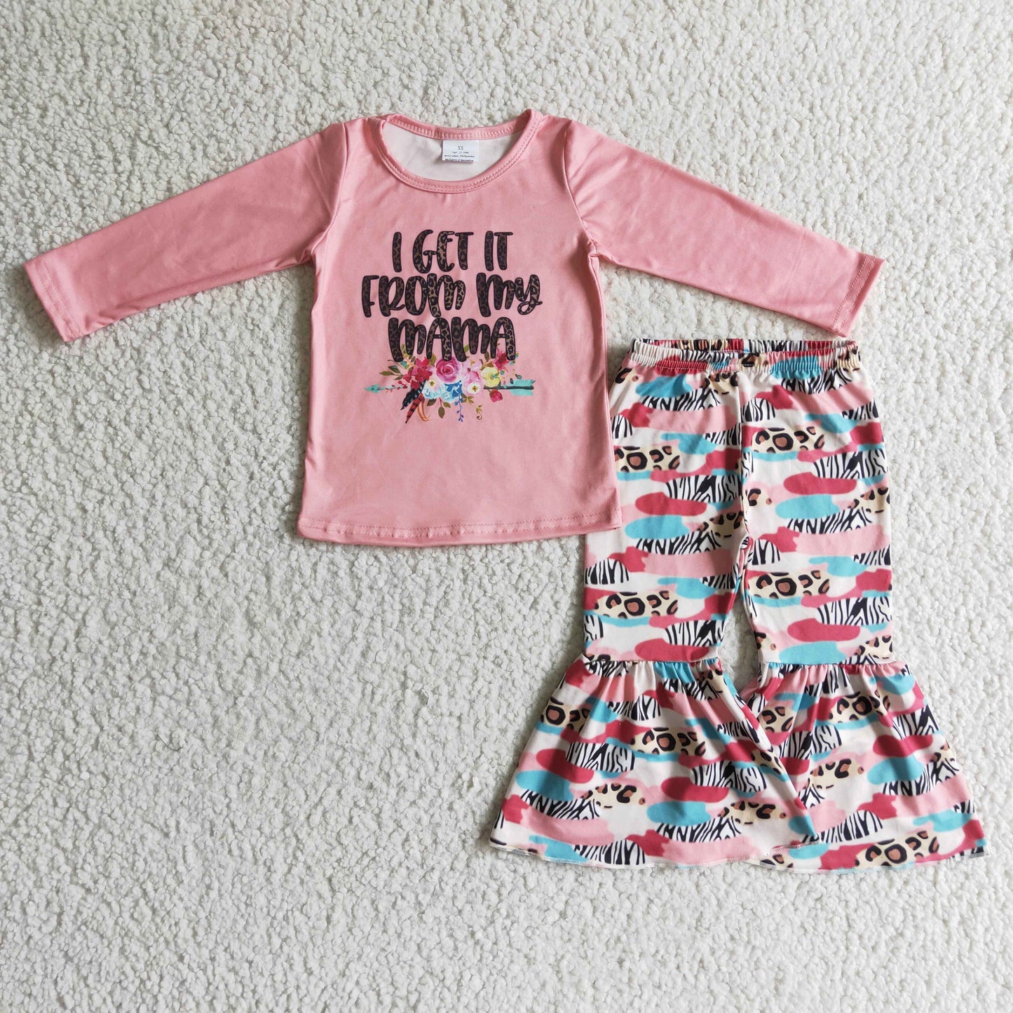 promotion 6 C7-17 girl pink floral FLOWER leopard long sleeve bell bottom outfits 1011 RTS