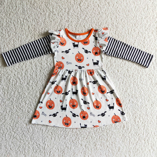 halloween pumpkin bat Boo cat pumpkin long sleeve girl dress 0912