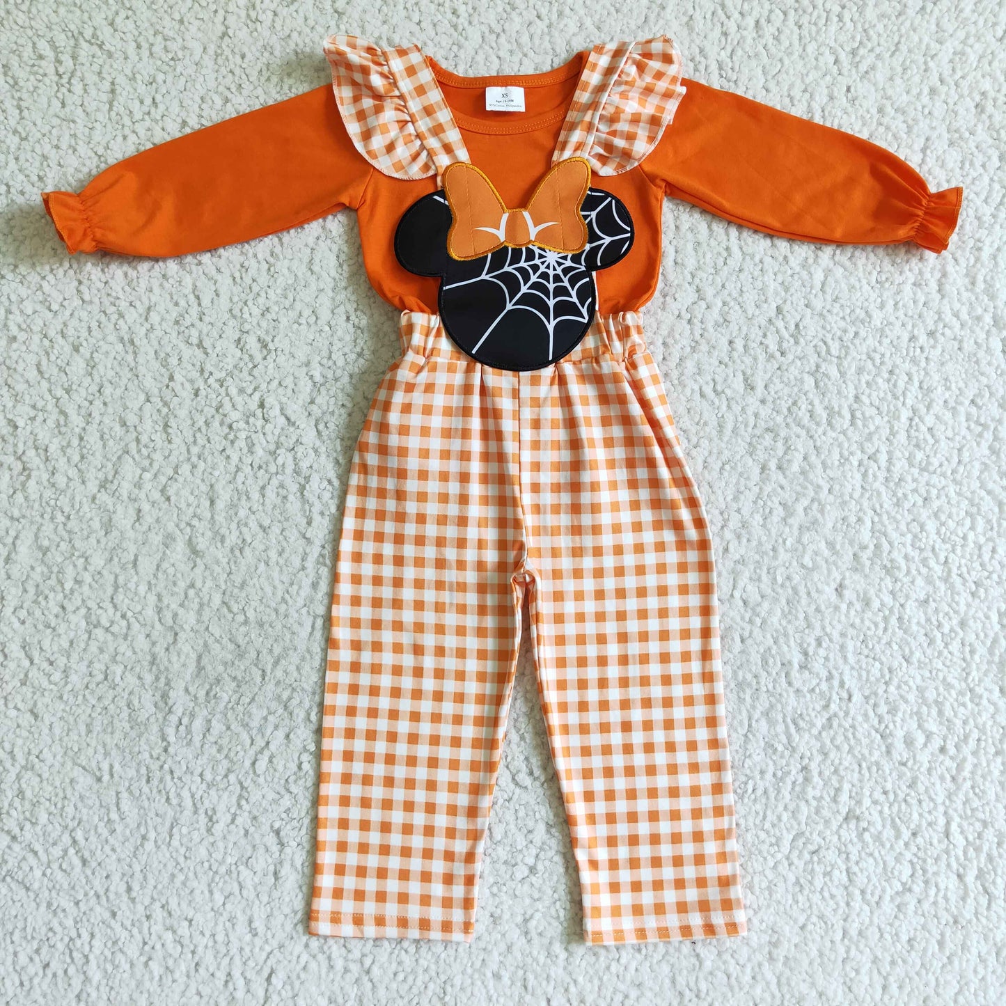 GLP0067 RTS orange mouse bat bow plaid overall jumpsuit suspender pants girl outfit 1009