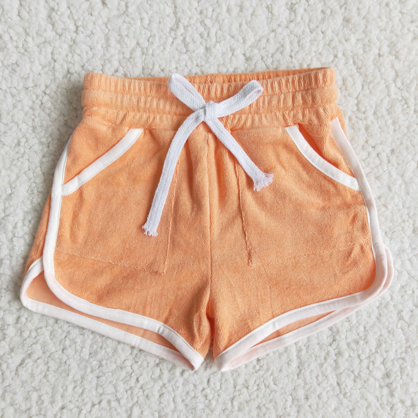orange solid color pocket girls towel fabric sports shorts 0124