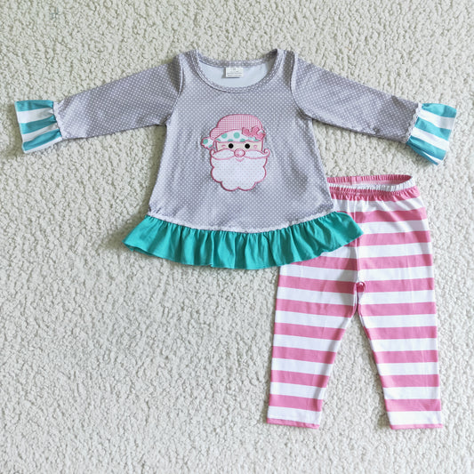 promotion 6 A11-27 Christmas santa blue ruffles grey dot pink stripe long sleeve legging pant outfits RTS